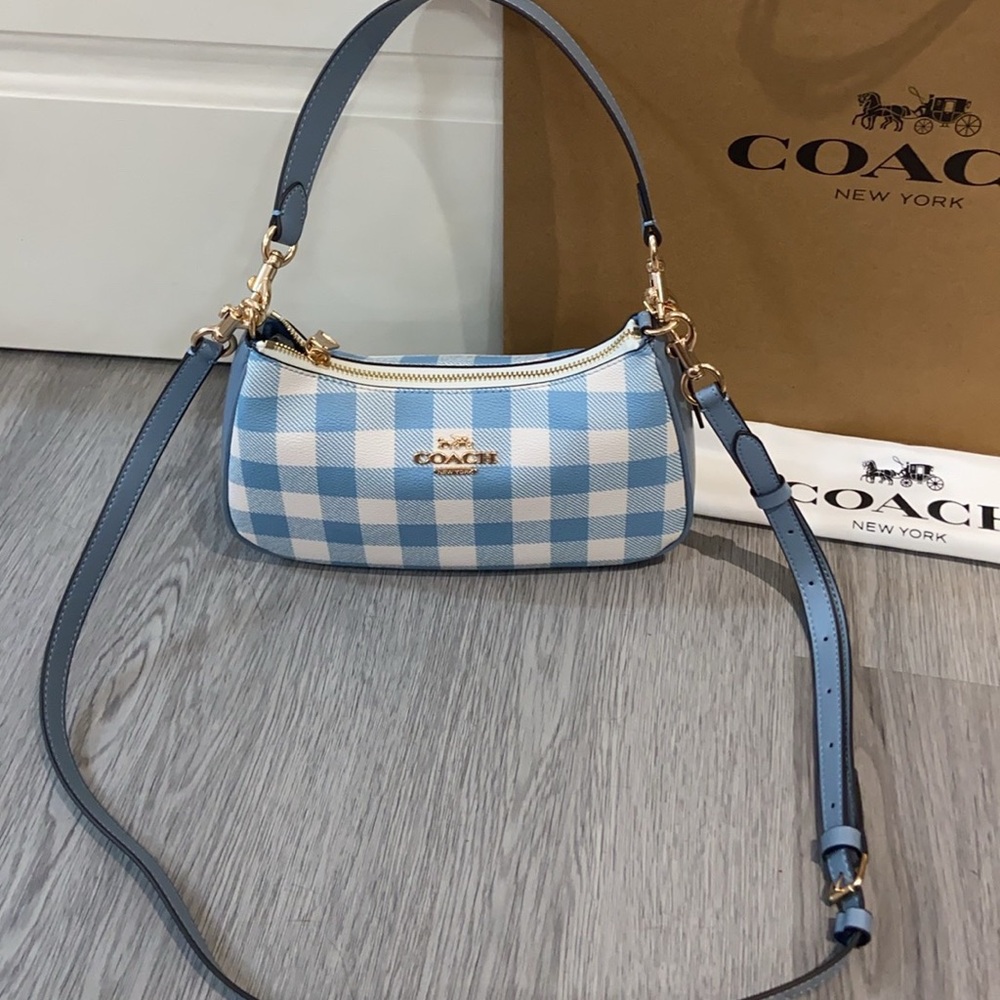 Coach Light Blue Gingham Shoulder Bag with Gold Hardware - Picture 6 of 7